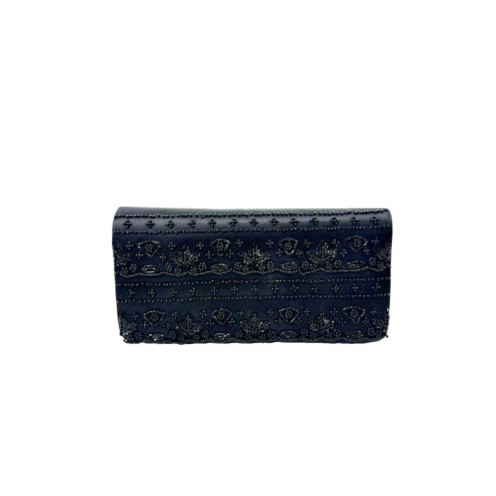 La Regale Beaded Evening Bag Black Satin Rectangle Shoulder Strap Vintage Purse